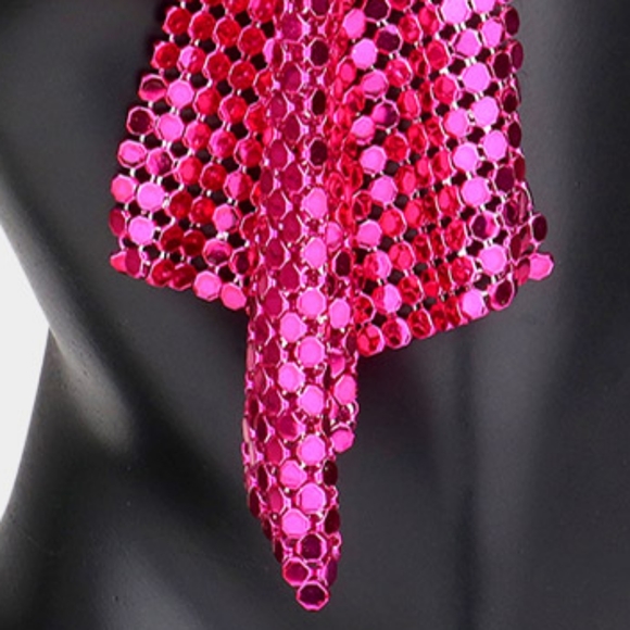Fuchsia Mesh Chain Dangle Earrings Drop Metal Cute Beautiful Statement Accessory - Picture 4 of 8